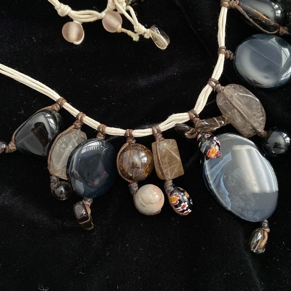 Polished Stone and Millefiori Flower Glass bead necklace rustic